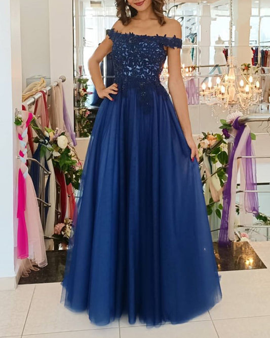 Tulle Prom Dresses Lace Appliques Off The Shoulder Floor Length