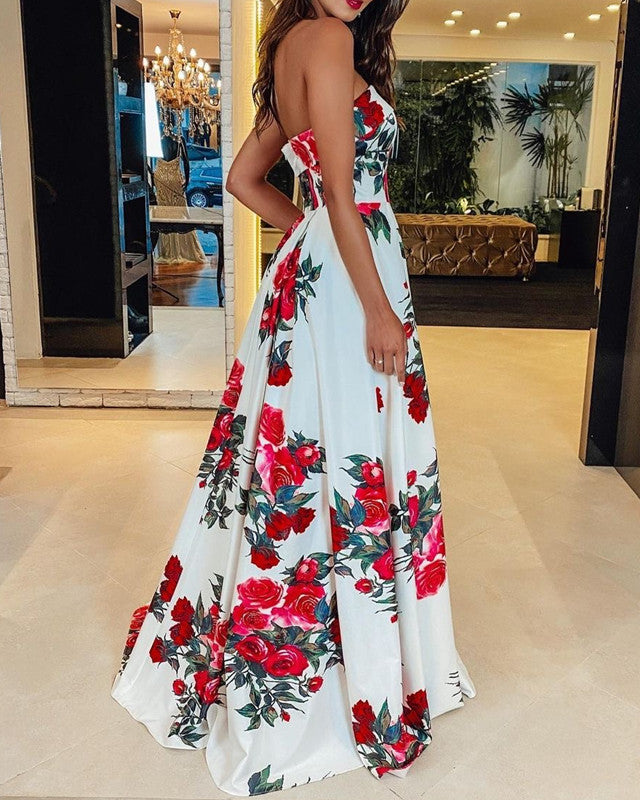 Floral Print Prom Dresses Long Strapless With Pockets