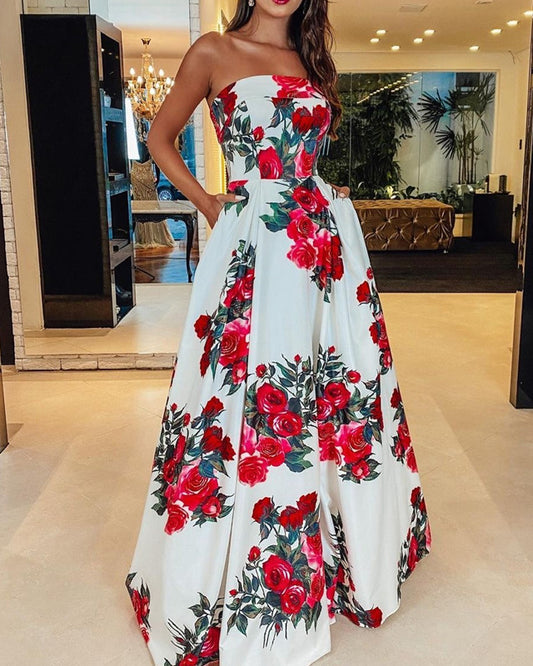 Floral Print Prom Dresses Long Strapless With Pockets