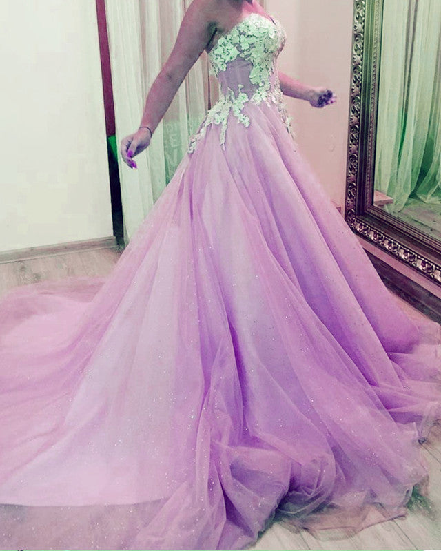 Elegant A-line Prom Dresses Tulle Sweetheart Lace Embroidery