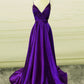 Simple Long Satin Prom Dresses Ruched V Neck