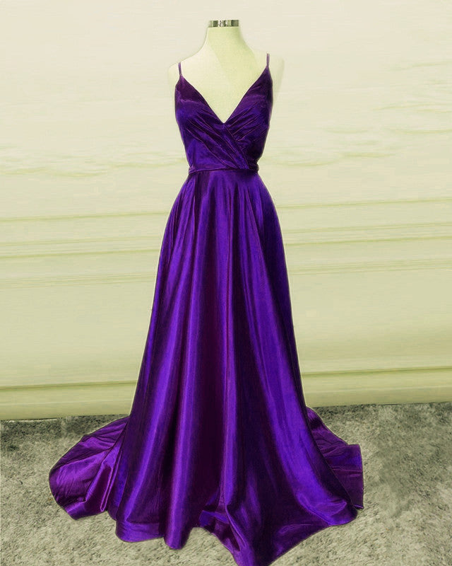Simple Long Satin Prom Dresses Ruched V Neck