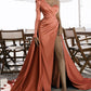 Sexy One Shoulder Prom Dresses Mermaid Satin Side Slit