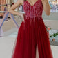 Tulle V Neck Prom Long Dresses Sequins Beaded Leg Split