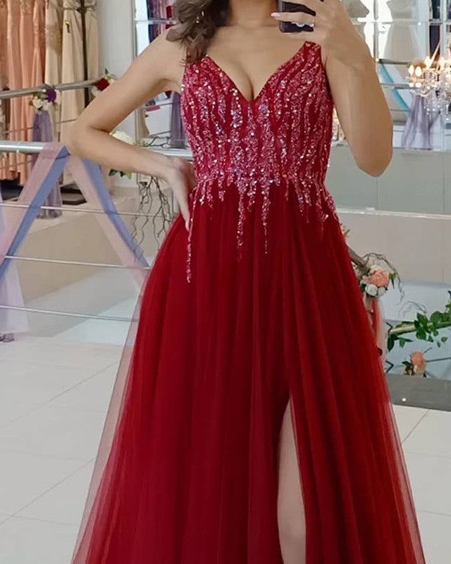 Tulle V Neck Prom Long Dresses Sequins Beaded Leg Split