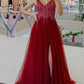 Tulle V Neck Prom Long Dresses Sequins Beaded Leg Split