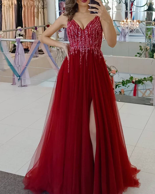 Tulle V Neck Prom Long Dresses Sequins Beaded Leg Split