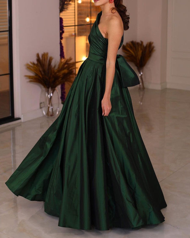 Long Taffeta Prom Dresses One Shoulder Bow Back
