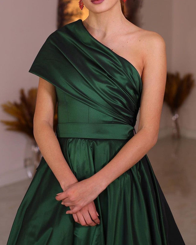 Long Taffeta Prom Dresses One Shoulder Bow Back