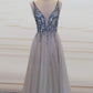 Tulle Plunge Neck Evening Dress Split Prom Gowns Sequins Beaded