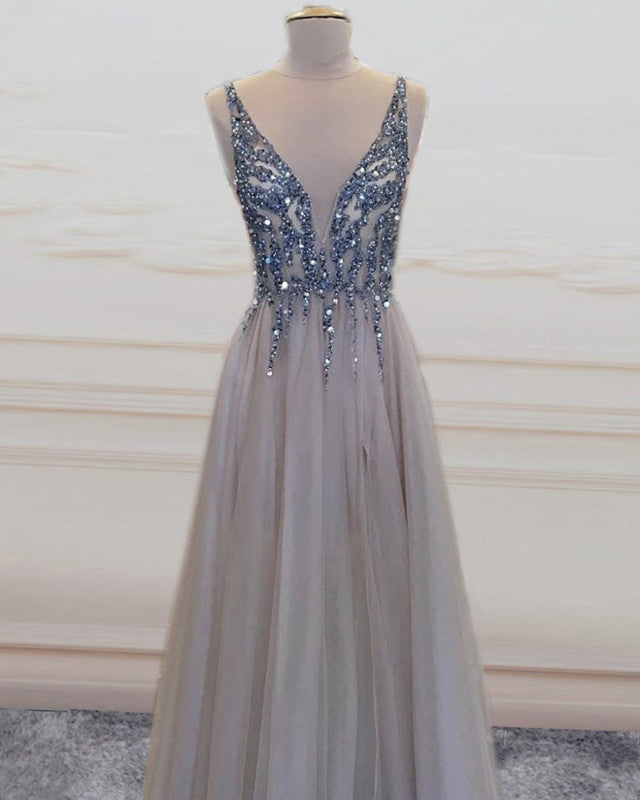 Tulle Plunge Neck Evening Dress Split Prom Gowns Sequins Beaded