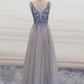 Tulle Plunge Neck Evening Dress Split Prom Gowns Sequins Beaded