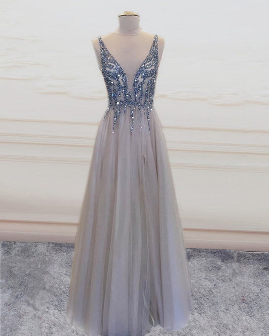 Tulle Plunge Neck Evening Dress Split Prom Gowns Sequins Beaded