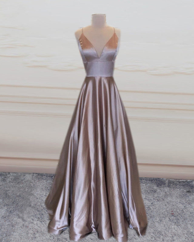 A-line Prom Dresses Long Satin V Neck Empire Gowns