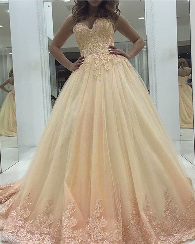 Lace Sweetheart Ball Gown Tulle Prom Dresses Elegant
