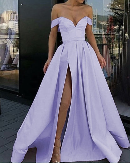Simple Satin Prom Long Dresses Side Split Off The Shoulder