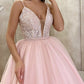 Tulle Ball Gown Plunge Neck Prom Dresses With Sequins
