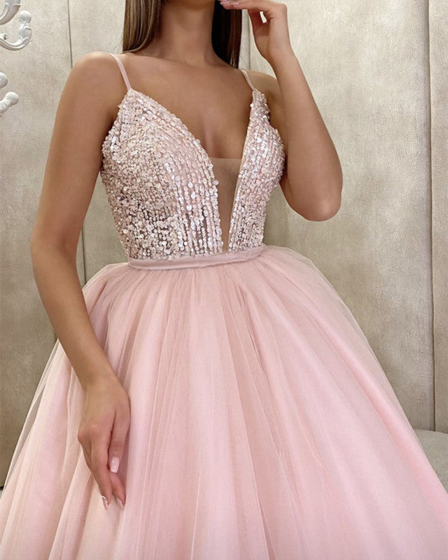 Tulle Ball Gown Plunge Neck Prom Dresses With Sequins