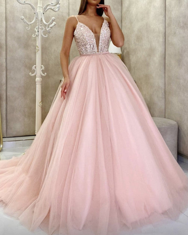Tulle Ball Gown Plunge Neck Prom Dresses With Sequins