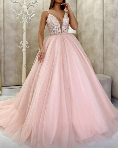 Tulle Ball Gown Plunge Neck Prom Dresses With Sequins