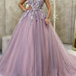 Tulle Prom Dresses Ball Gown V Neck 3D Floral Lace Flowers