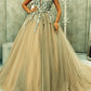 Tulle Prom Dresses Ball Gown V Neck 3D Floral Lace Flowers