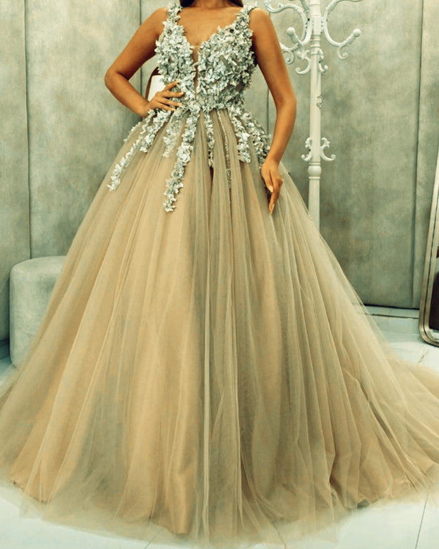 Tulle Prom Dresses Ball Gown V Neck 3D Floral Lace Flowers
