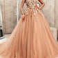 Tulle Prom Dresses Ball Gown V Neck 3D Floral Lace Flowers