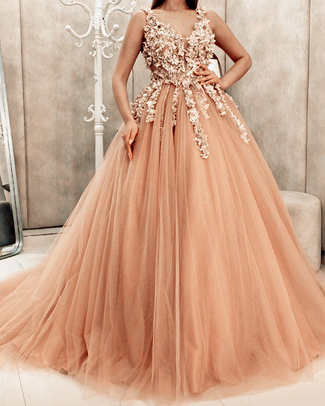Tulle Prom Dresses Ball Gown V Neck 3D Floral Lace Flowers