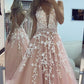Elegant Prom Dresses Tulle V Neck Floor Length Ball Gown Appliques
