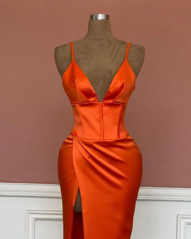 Mermaid V-neck Spaghetti Straps Satin Dress With Slit