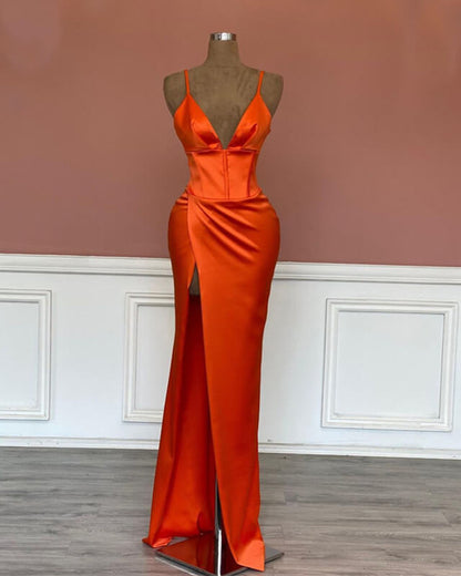 Mermaid V-neck Spaghetti Straps Satin Dress With Slit