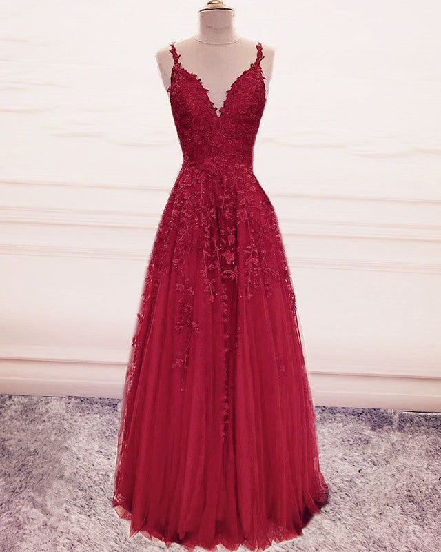 Burgundy Tulle Prom Dress 2023