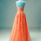 Elegant A-line Prom Dresses V Neck Lace Embroidery