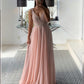 Long Chiffon Prom Dresses Plunge Neck With Sequins Beaded