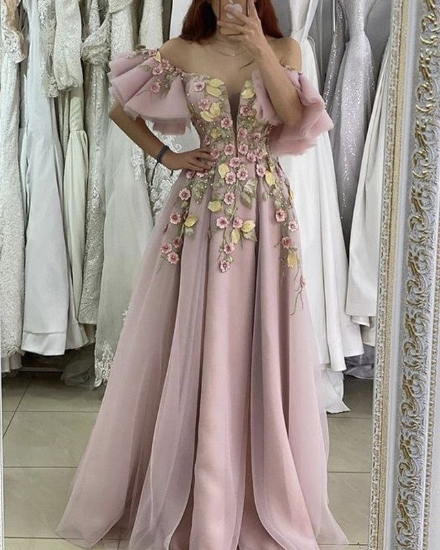 Long Tulle Prom Dresses Lace Embroidery Ruffles Sleeves