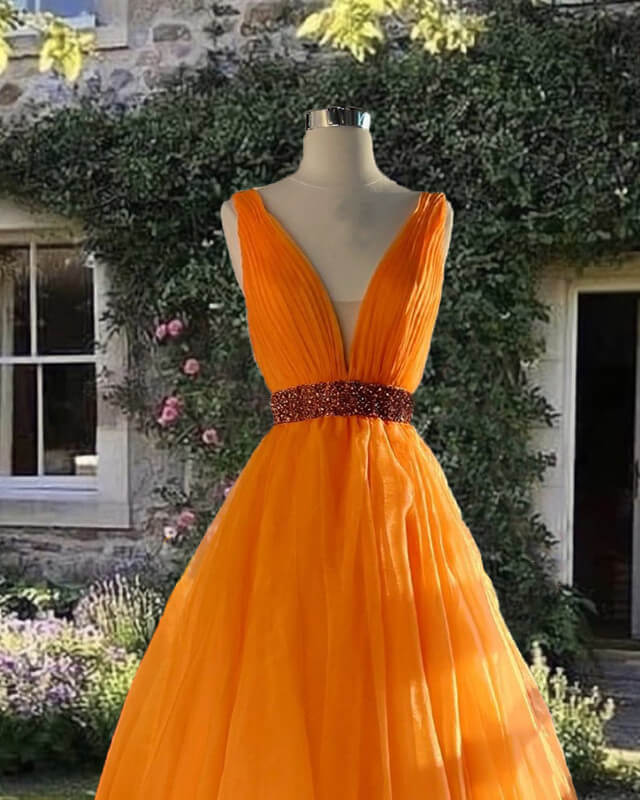 Orange Tulle Plunge Neck Ball Gown