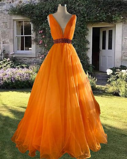 Orange Tulle Plunge Neck Ball Gown – Lisposa Orange Tulle Plunge Neck Ball Gown – Lisposa