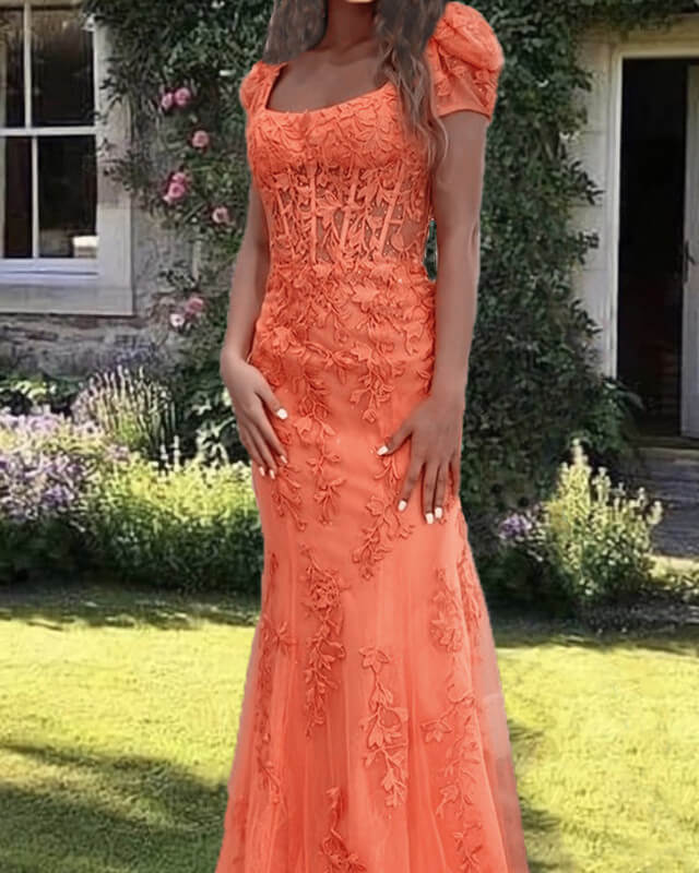 Mermaid Orange Lace Cap Sleeve Dress