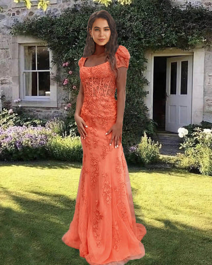 Mermaid Orange Lace Cap Sleeve Dress