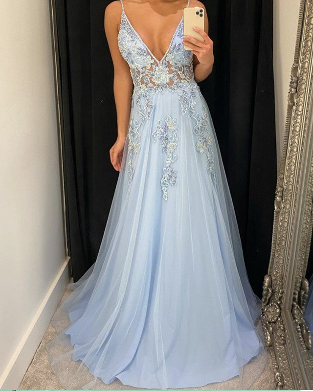 Elegant Lace Appliques V Neck Empire Prom Dresses