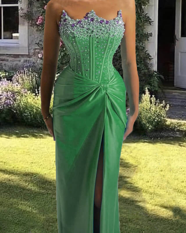 Mermaid Beaded Strapless High Slit Satin Dress