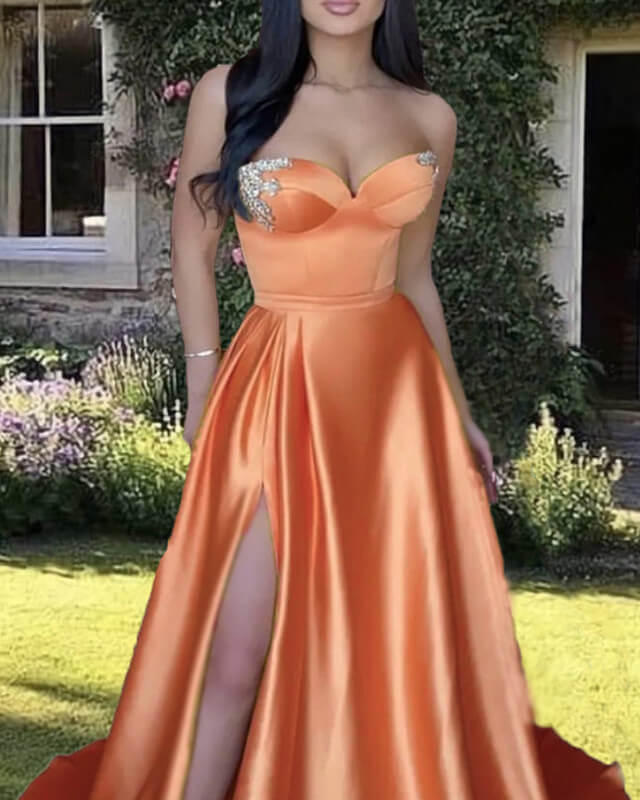 Long Orange Satin Sweetheart Split Gown