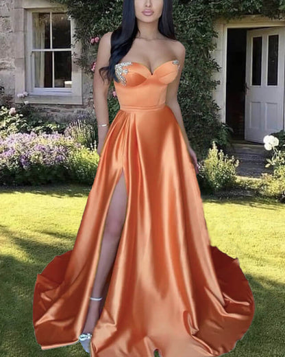 Long Orange Satin Sweetheart Split Gown