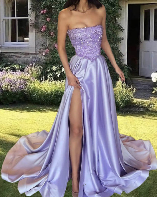 Lilac Sequin Strapless Split Satin Gown