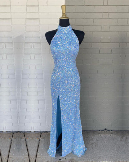 Mermaid Blue Sequin Prom Dresses