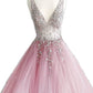 Dusty Pink Tulle Ball Gown Prom Dresses Beaded V-neck