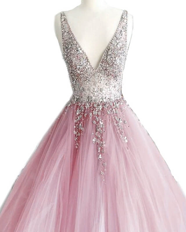 Dusty Pink Tulle Ball Gown Prom Dresses Beaded V-neck