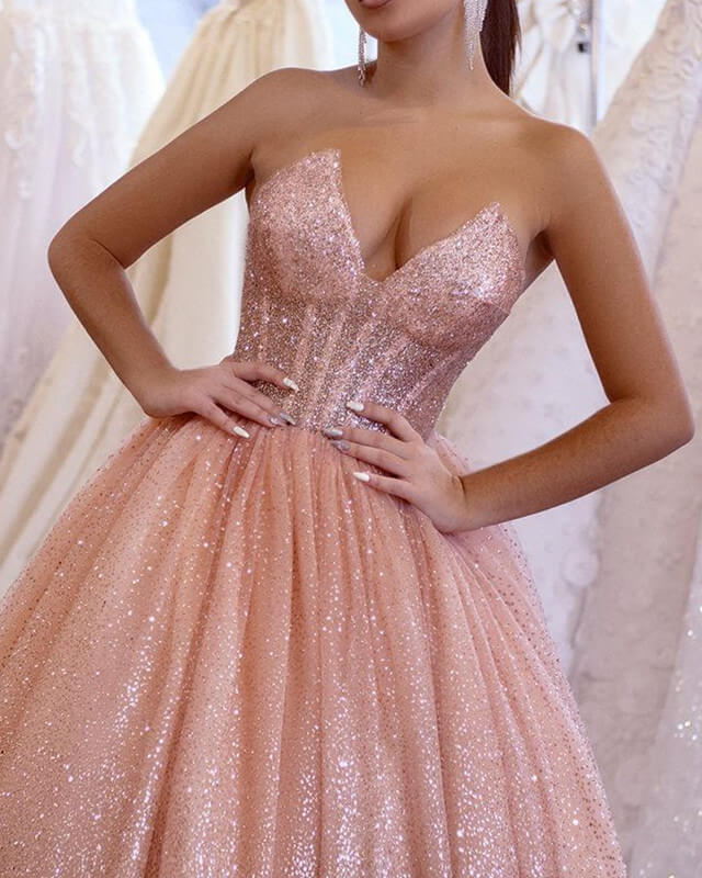 Rose Gold Prom V-Neck Corset Ball Gown Sparkly Dress – Lisposa Rose Gold Prom V-Neck Corset Ball Gown Sparkly Dress – Lisposa