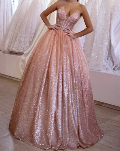 Rose Gold Prom V-Neck Corset Ball Gown Sparkly Dress – Lisposa